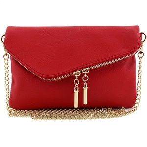 Red clutch crossbody with gold chain